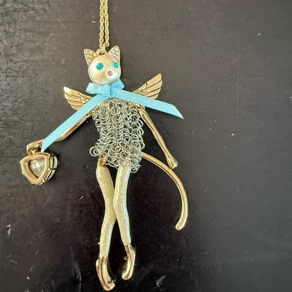 Gold Cat Necklace with Blue Accents
